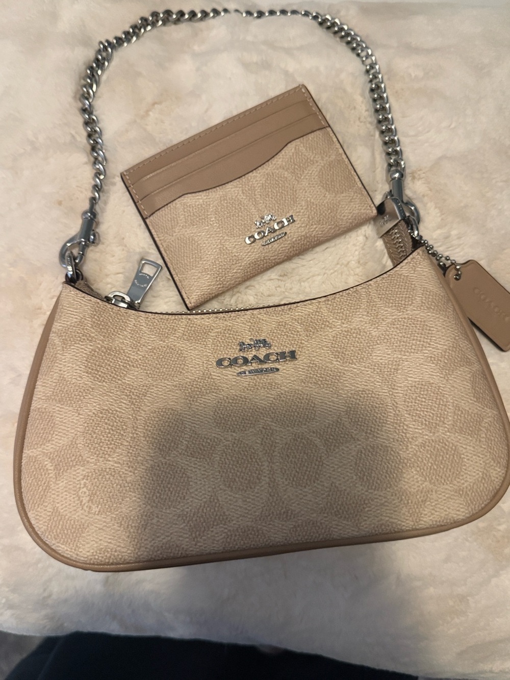 Coach Tan Signature Shoulder Bag with Silver Chain and Card wallet